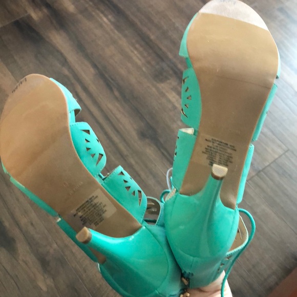 Avon Teal Lace Up Caged Heels - Picture 6 of 6
